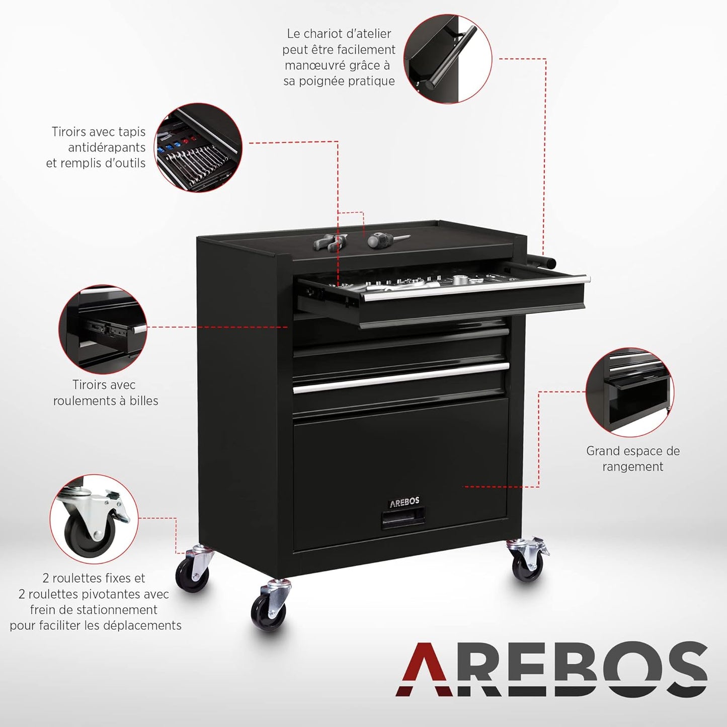 AREBOS chariot atelier 4 tiroirs, 81 outils, roulettes freinées, noir