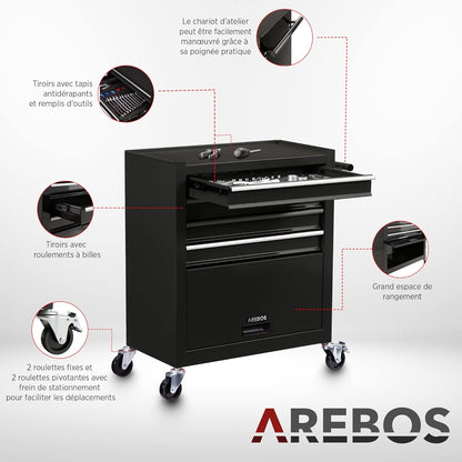 AREBOS chariot atelier 4 tiroirs, 81 outils, roulettes freinées, noir