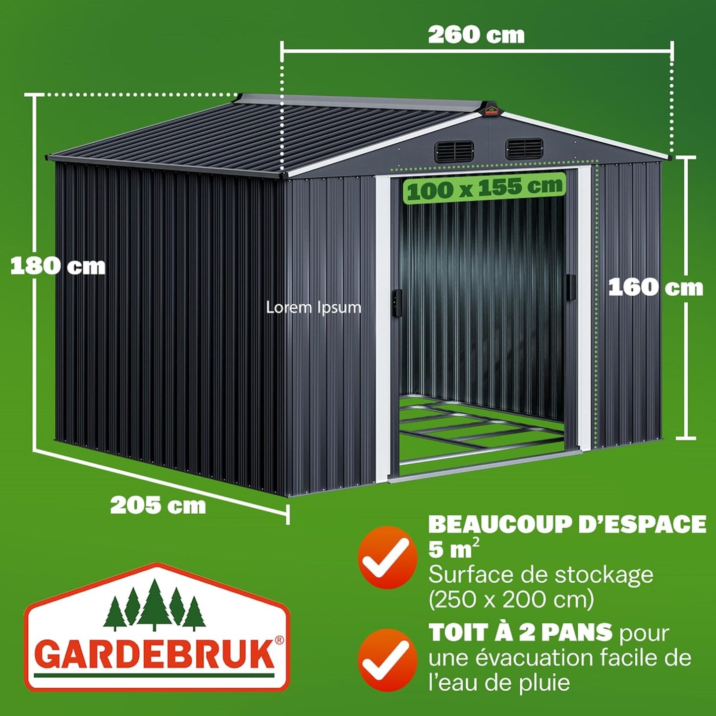 GARDEBRUK abri jardin métal XXL 5m², porte coulissante, fondation incluse