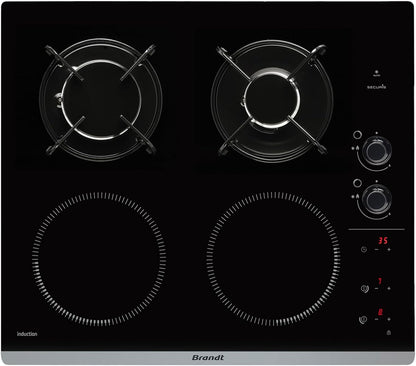 Brandt BPI6413BM plaque induction/gaz, 4 foyers, 3400W/4600W, encastrable 56x49cm