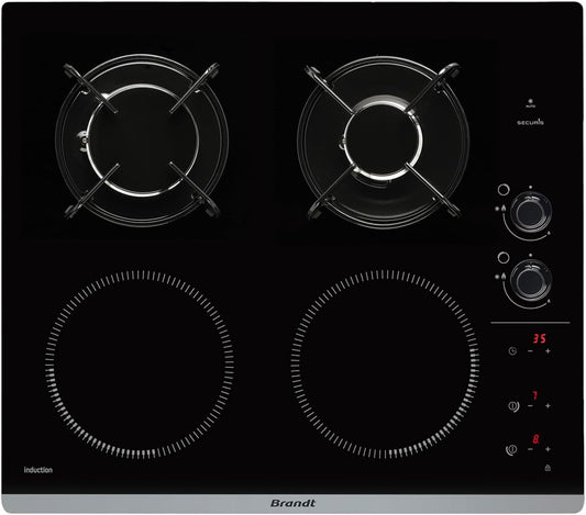 Brandt BPI6413BM plaque induction/gaz, 4 foyers, 3400W/4600W, encastrable 56x49cm
