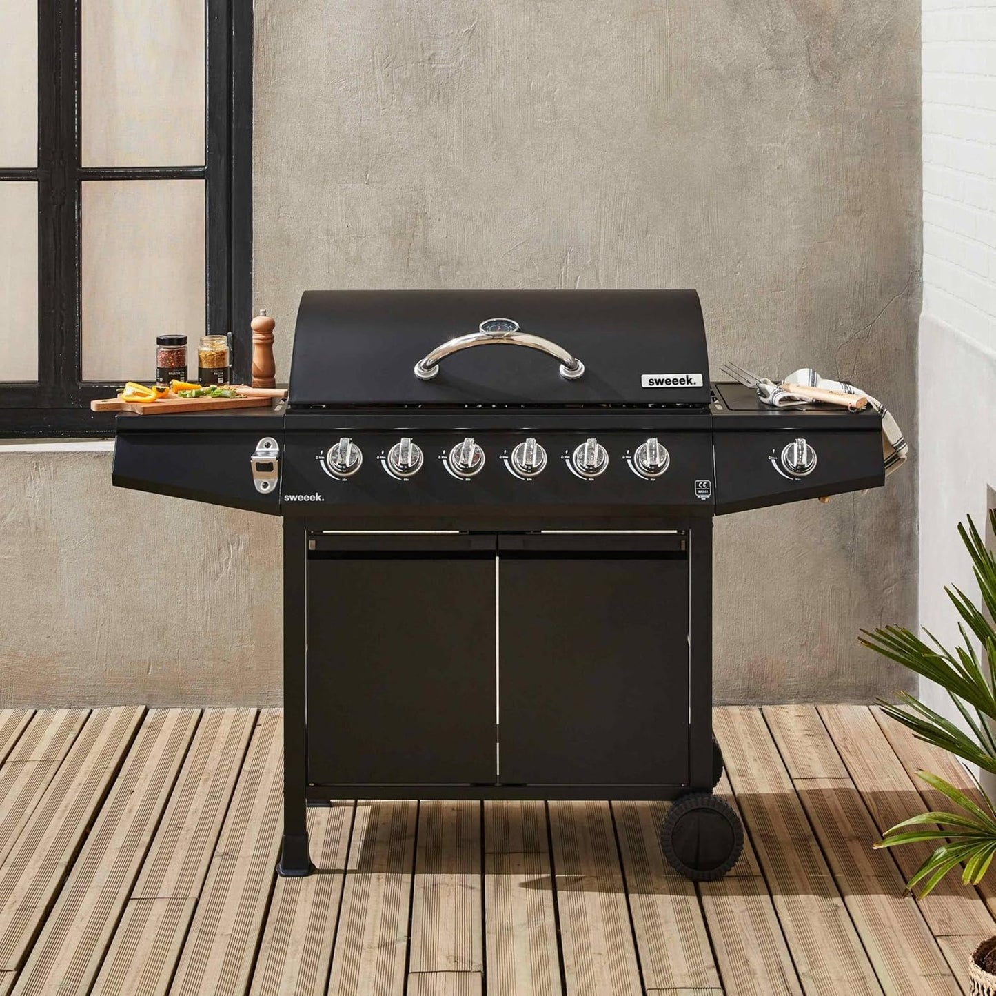 Alice's Garden barbecue gaz Treville, 7 brûleurs + latéral, noir + thermomètre