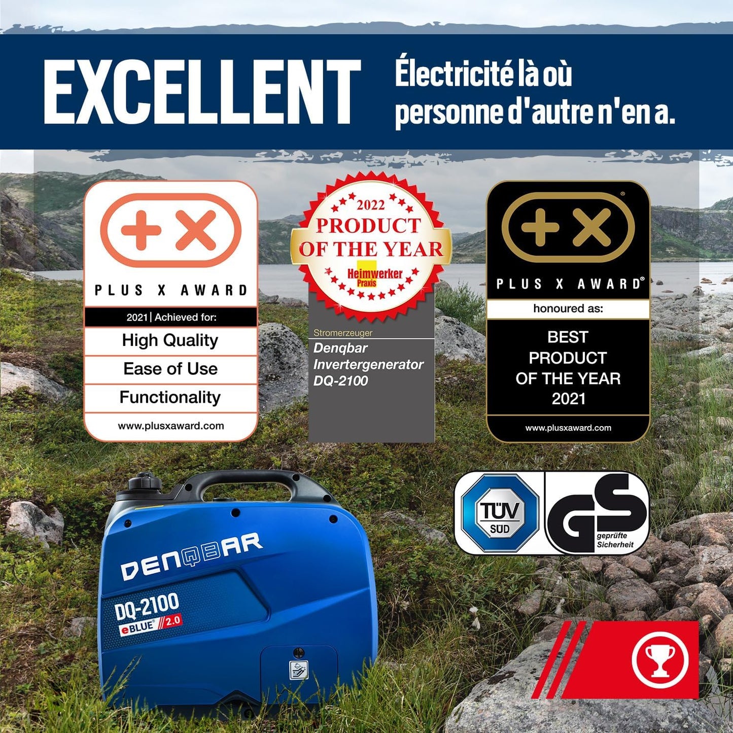 DENQBAR groupe électrogène inverter 2100W, silencieux, camping, secours