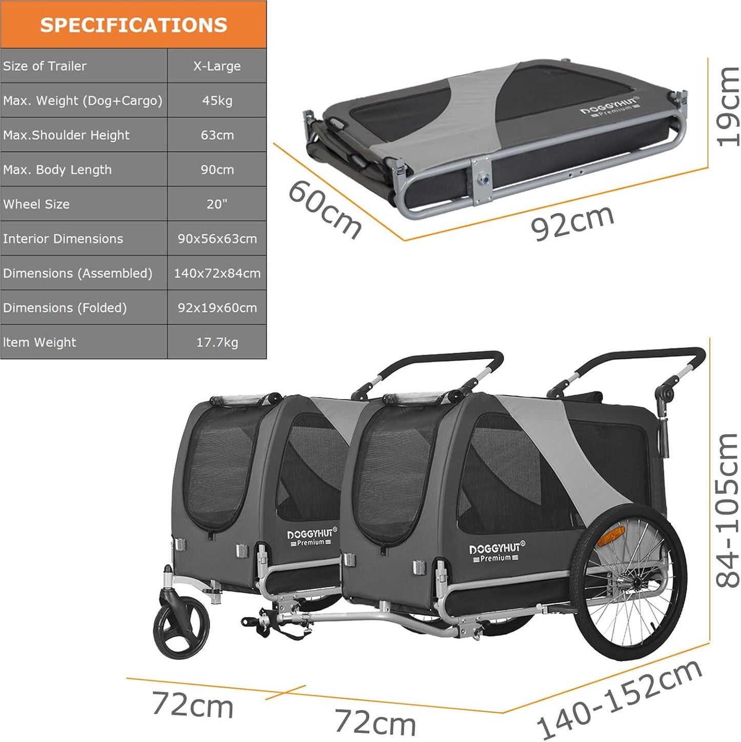 Doggyhut TIGGO XXL remorque chien + kit jogger, gris, moyen/grand chien