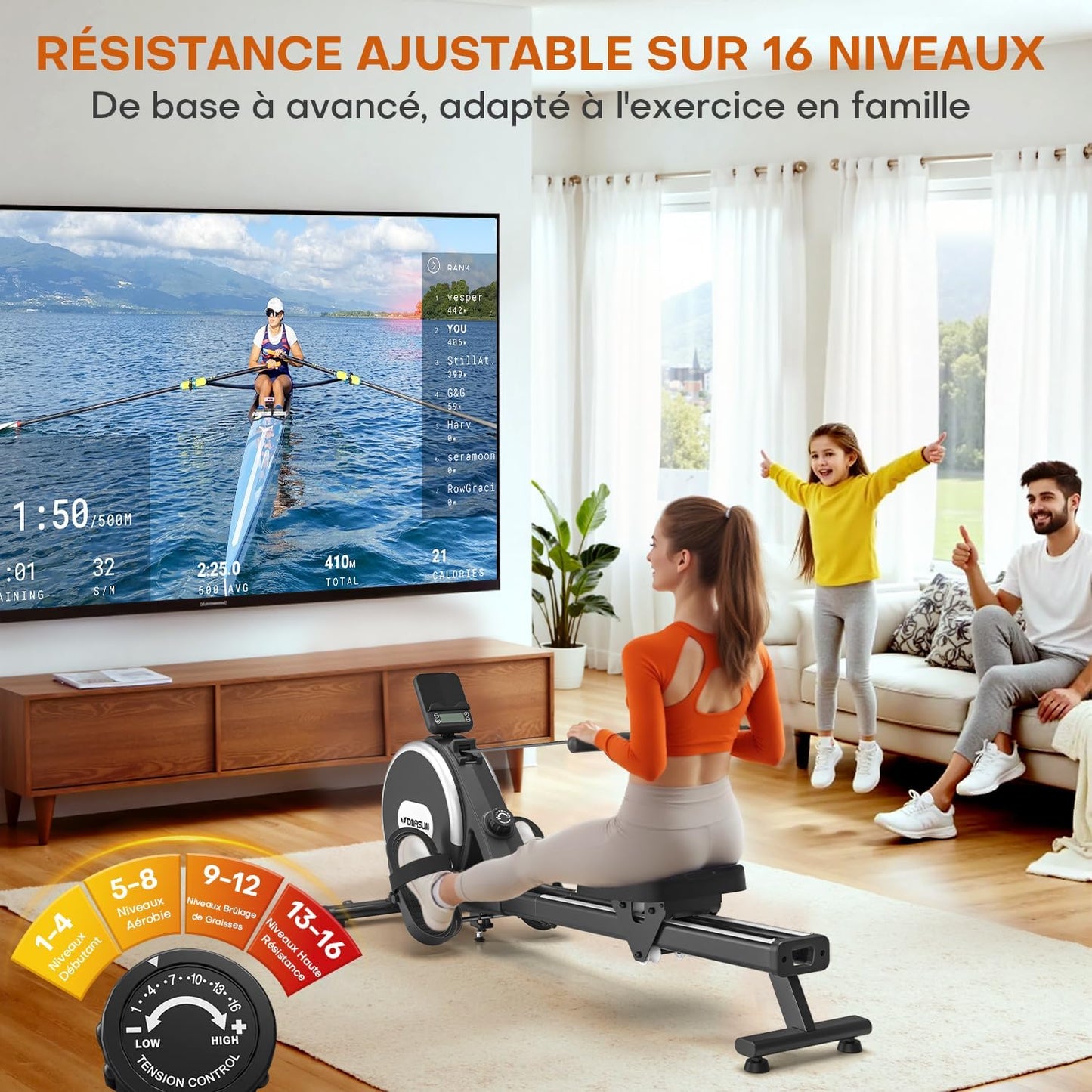 DMASUN rameur magnétique, 16 niveaux, double rail, silencieux, app, max 160kg