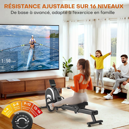 DMASUN rameur magnétique, 16 niveaux, double rail, silencieux, app, max 160kg