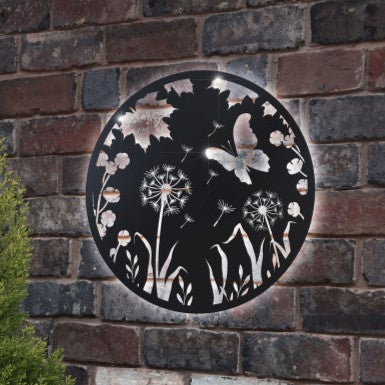 Décoration murale en métal avec silhouette de pissenlit et papillon rétroéclairé à l'énergie solaire – Décoration de jardin extérieur