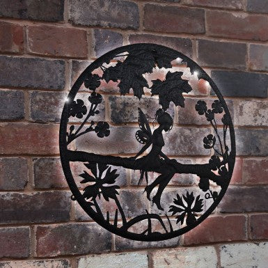 Décoration murale en métal avec silhouette de feuilles de fée rétroéclairée à l'énergie solaire – Décoration de jardin extérieur