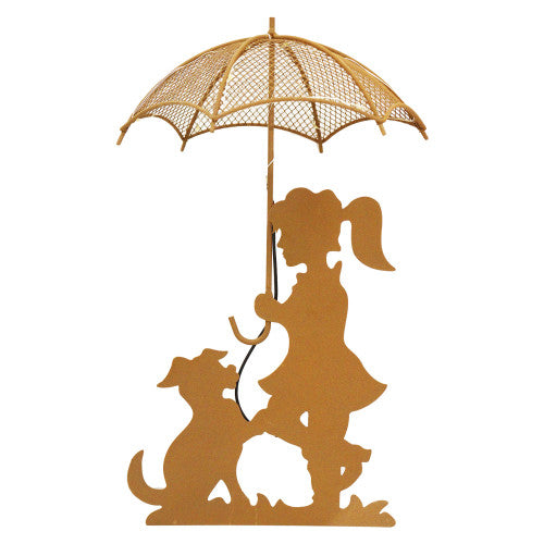 Lumière solaire sur piquet pour décoration de jardin, silhouette de fille, chien, garçon, parapluie, champignon
