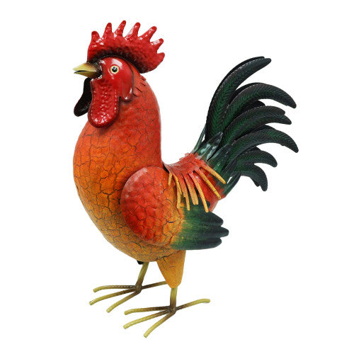 Sculpture de jardin en métal représentant un coq rouge, noir et blanc - Décoration d'extérieur réaliste pour cour de ferme