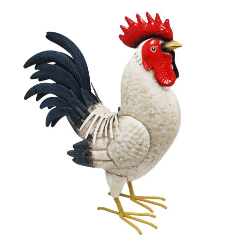 Sculpture de jardin en métal représentant un coq rouge, noir et blanc - Décoration d'extérieur réaliste pour cour de ferme