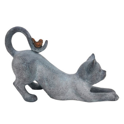 Sculpture de chat en résine avec oiseau – Effet pierre – Adorable chaton animal pour décoration de jardin intérieur/extérieur