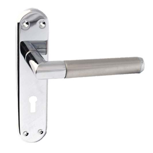 Poignées de porte à levier de verrouillage, finition duo en nickel satiné et chrome, onglet INTÉRIEUR