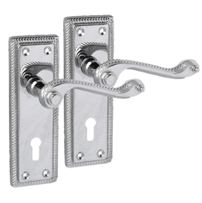 Poignées de porte géorgiennes à clé, paire, chromées, 150 mm x 48 mm, plaque arrière, levier à défilement