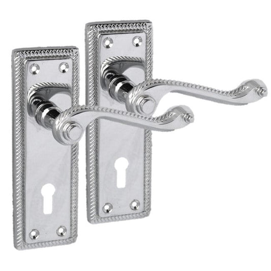 Poignées de porte géorgiennes à clé, paire, chromées, 150 mm x 48 mm, plaque arrière, levier à défilement