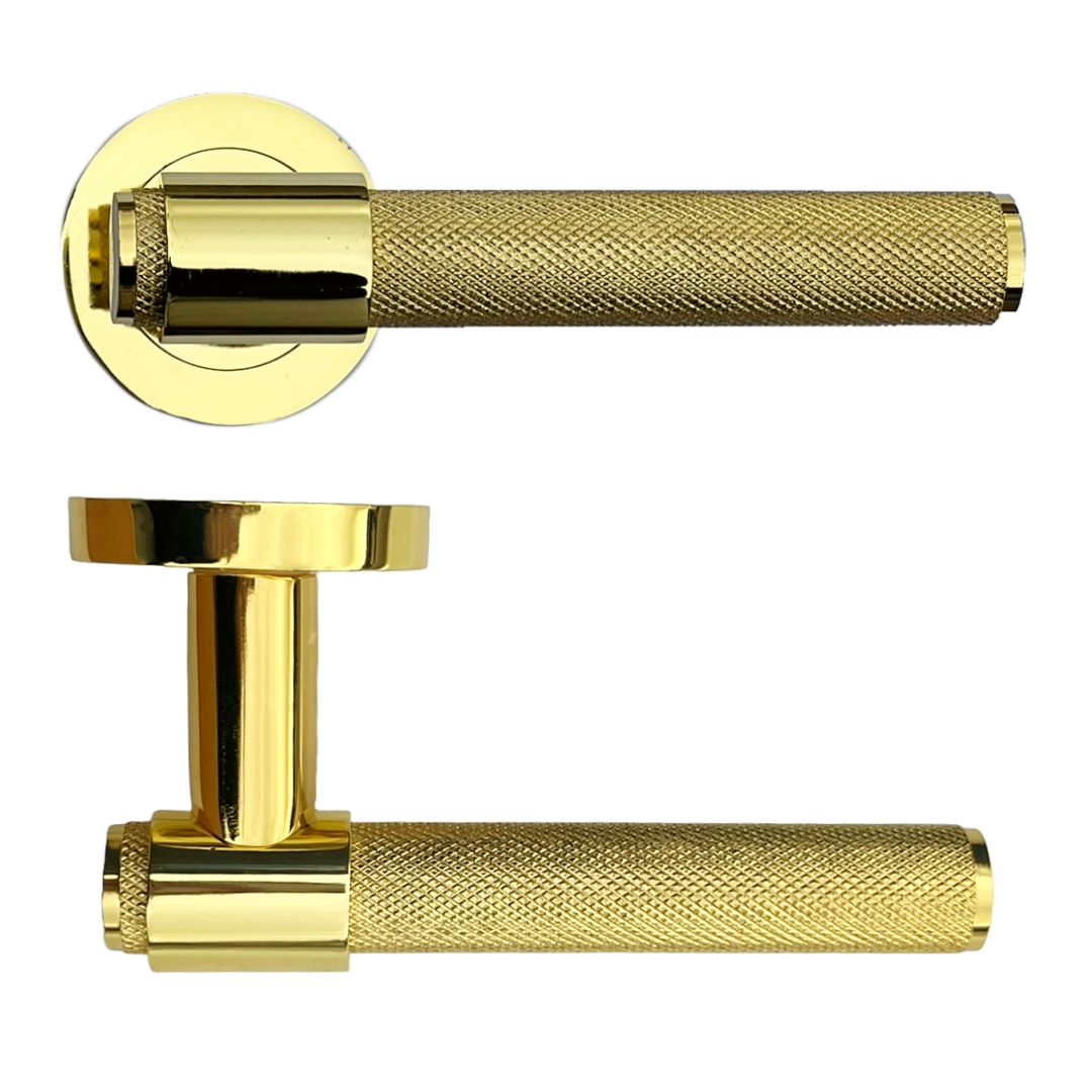 Poignées de porte moletées en laiton poli, boucle et col, levier sur rosace ronde, poignée de loquet de luxe