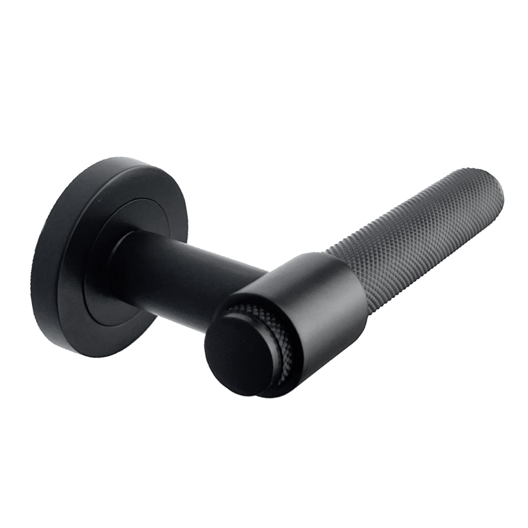 Poignées de porte moletées noir mat, boucle et col, levier sur rosace ronde, poignée de loquet de luxe