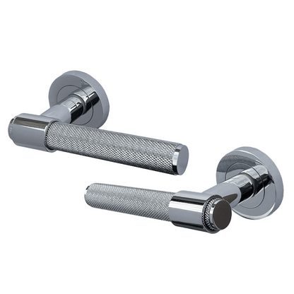 Poignées de porte moletées en chrome poli, boucle et col, levier sur rosace ronde, poignée de loquet de luxe