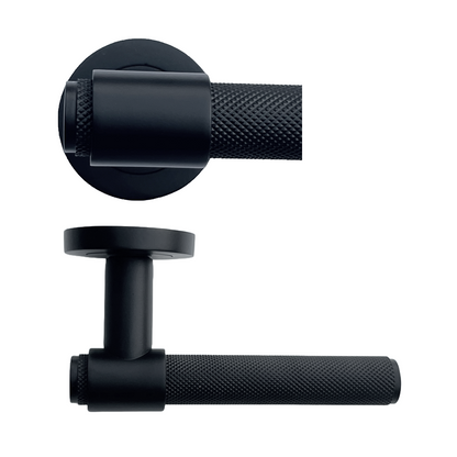 Poignées de porte moletées noir mat, boucle et col, levier sur rosace ronde, poignée de loquet de luxe
