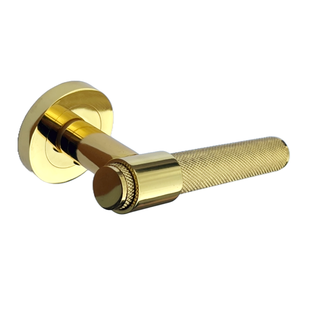 Poignées de porte moletées en laiton poli, boucle et col, levier sur rosace ronde, poignée de loquet de luxe