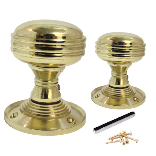 Boutons de porte cannelés à mortaise robustes - Laiton poli 64 mm