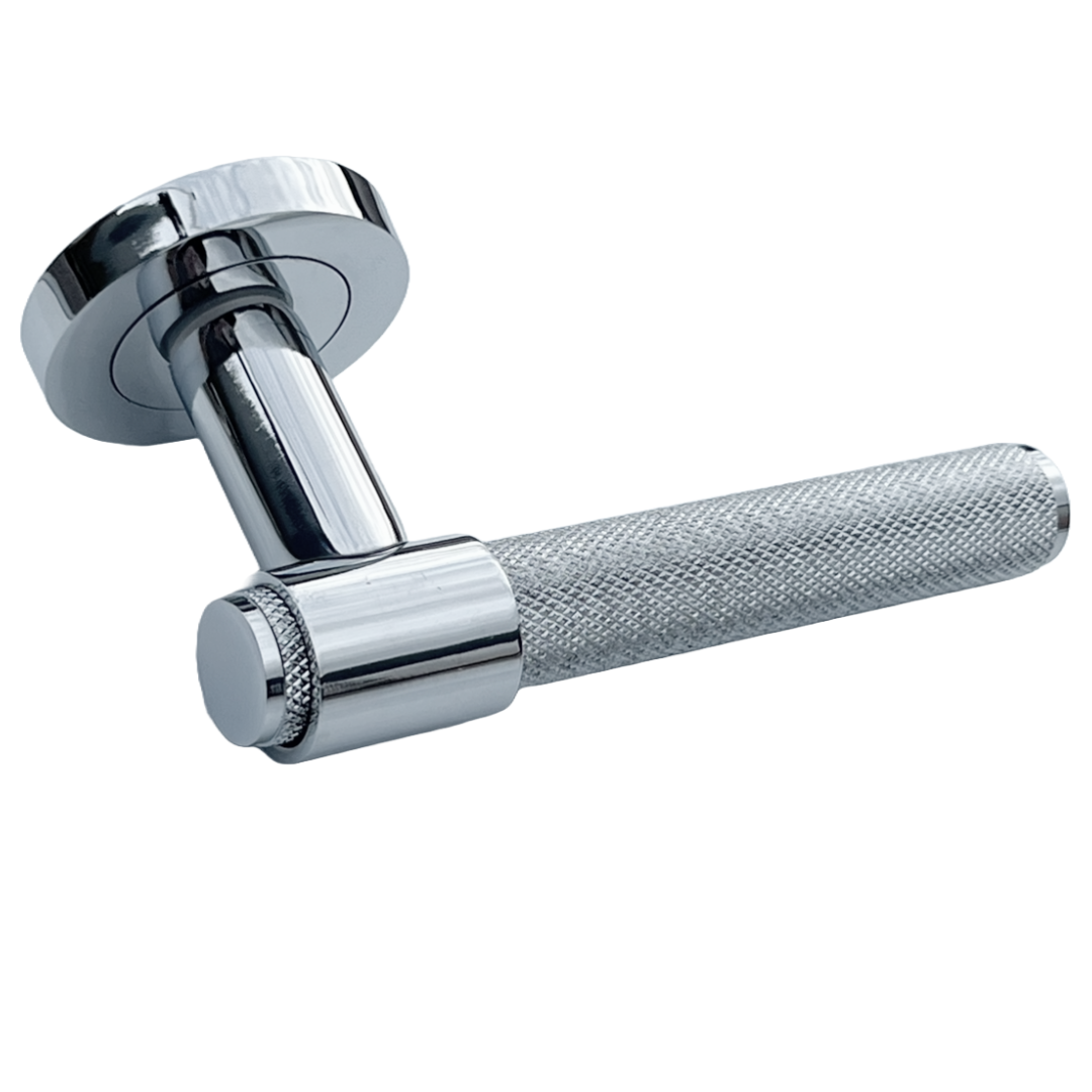 Poignées de porte moletées en chrome poli, boucle et col, levier sur rosace ronde, poignée de loquet de luxe