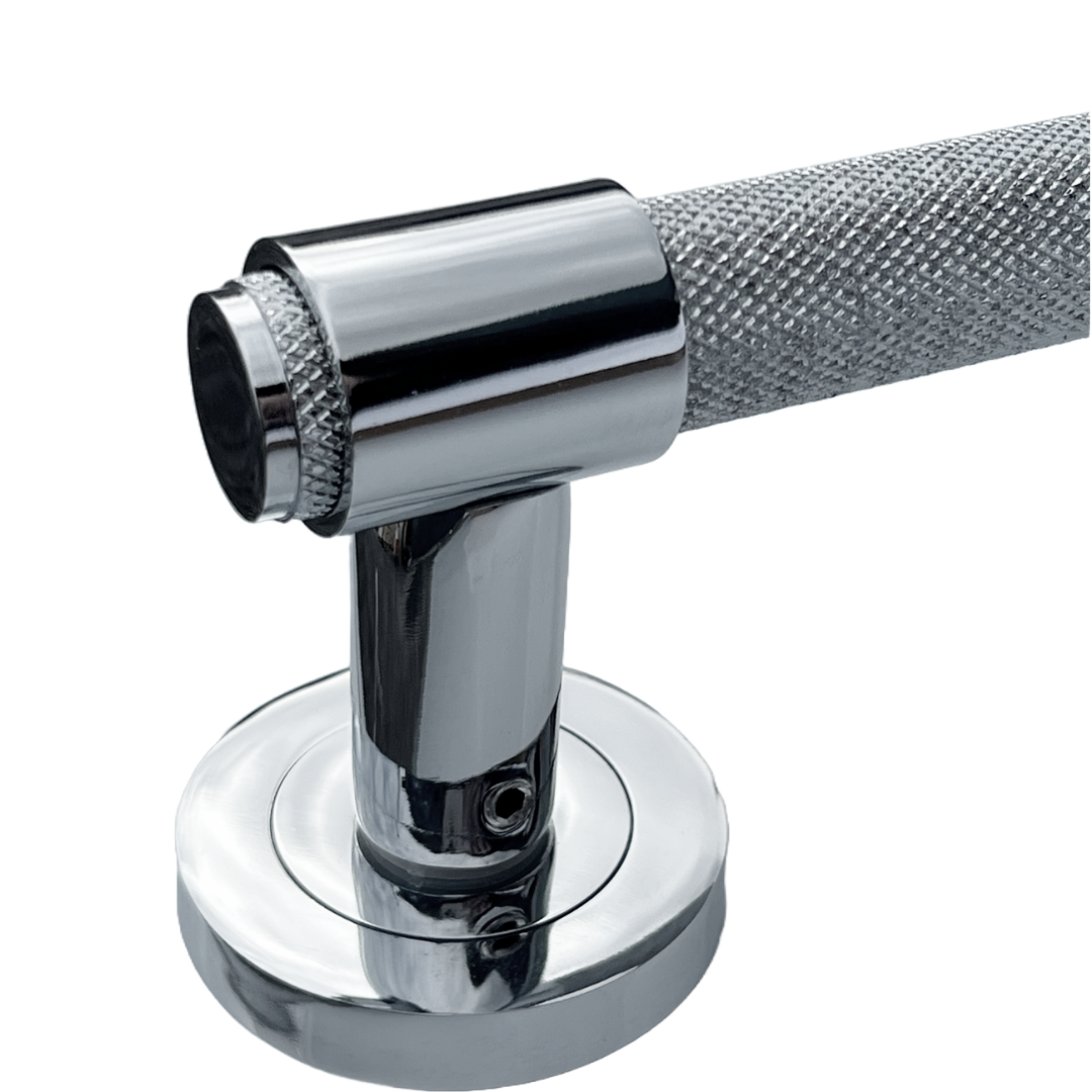Poignées de porte moletées en chrome poli, boucle et col, levier sur rosace ronde, poignée de loquet de luxe