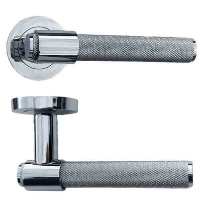 Poignées de porte moletées en chrome poli, boucle et col, levier sur rosace ronde, poignée de loquet de luxe