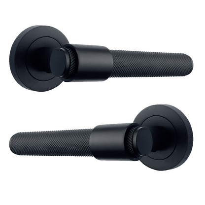 Poignées de porte moletées noir mat, boucle et col, levier sur rosace ronde, poignée de loquet de luxe