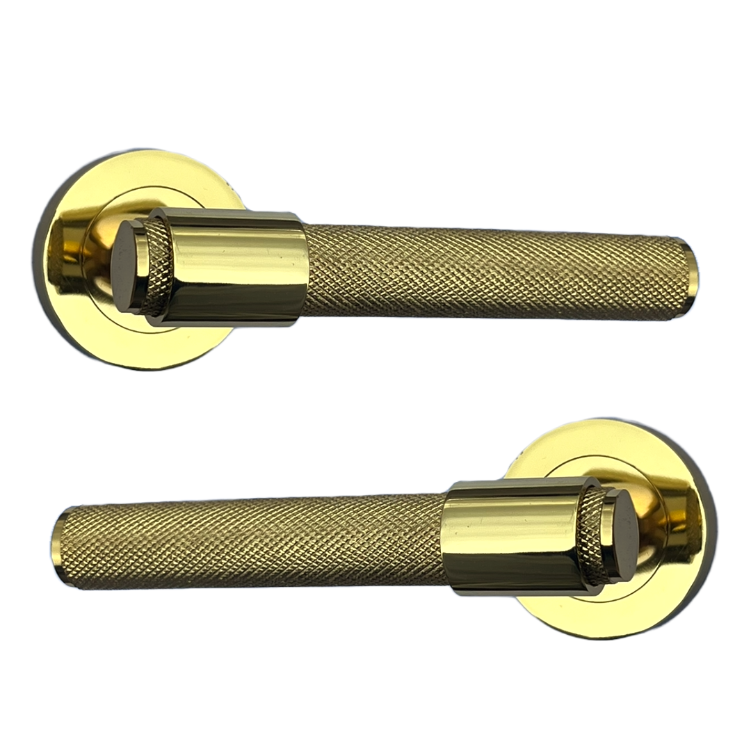 Poignées de porte moletées en laiton poli, boucle et col, levier sur rosace ronde, poignée de loquet de luxe