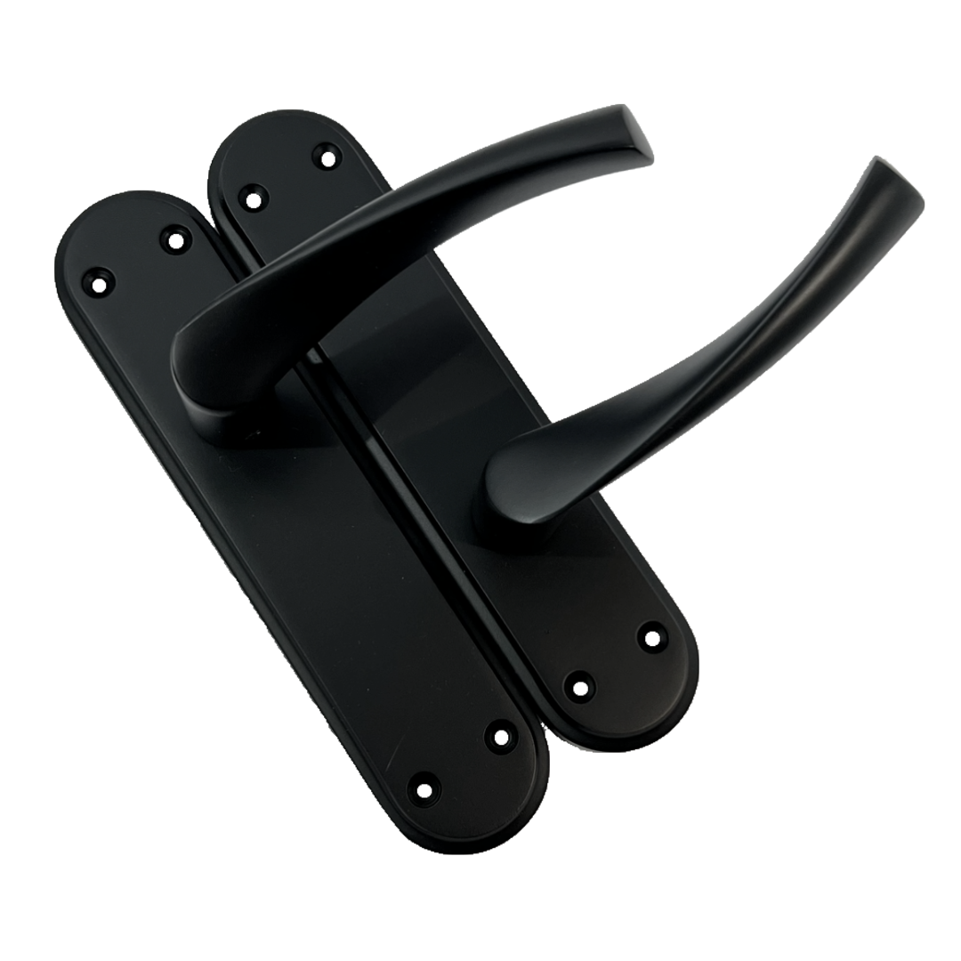 Poignées de porte Genova noir mat avec loquet à levier tournant sur plaque arrière Marina moderne
