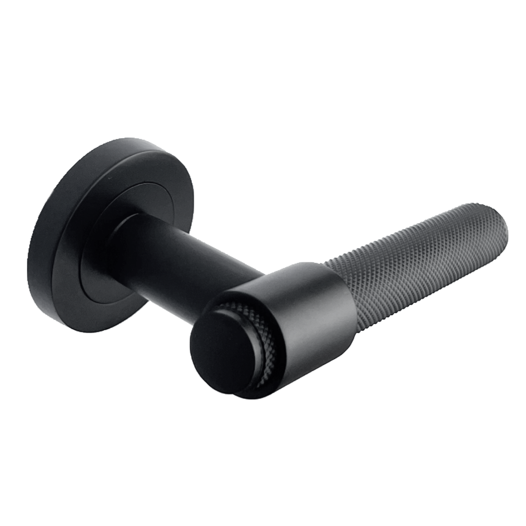 Poignées de porte moletées noir mat, boucle et col, levier sur rosace ronde, poignée de loquet de luxe