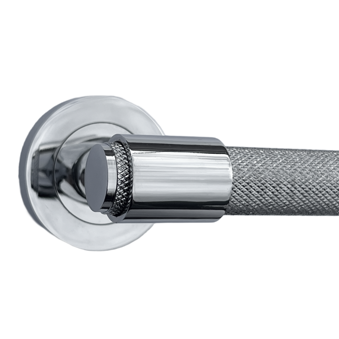 Poignées de porte moletées en chrome poli, boucle et col, levier sur rosace ronde, poignée de loquet de luxe