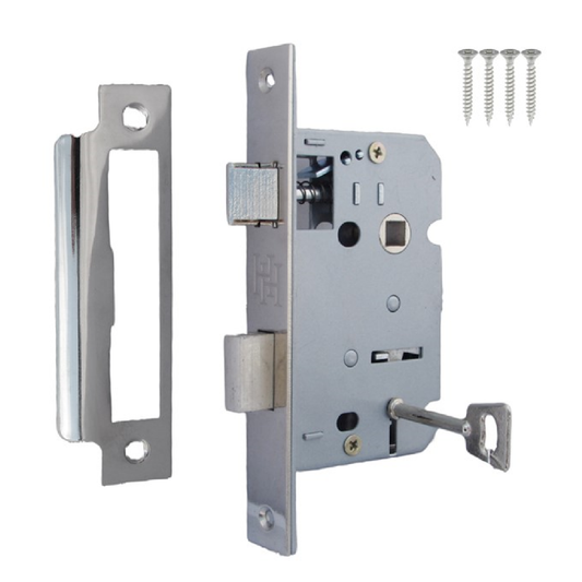 Serrure à mortaise à 3 leviers en nickel, clé 2,5" 64 mm, verrou traversant, poignée de salle de bain réversible