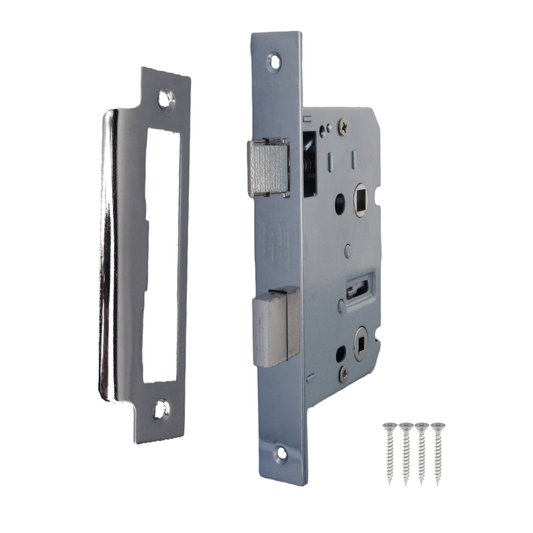 Serrure à mortaise pour salle de bain, serrure à guillotine chromée, 64 mm, pêne traversant, porte de bain réversible