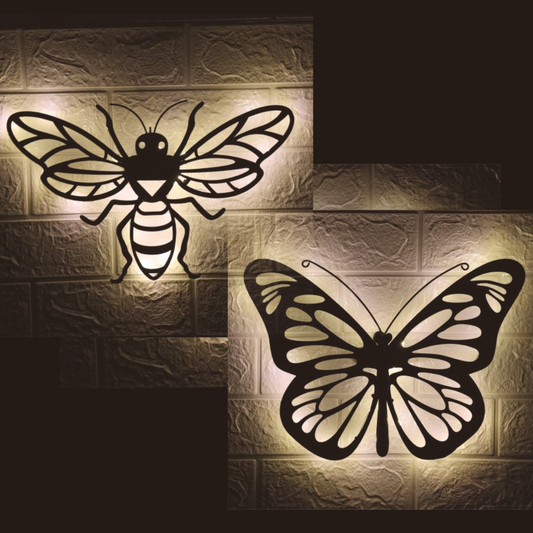 Décoration murale solaire rétroéclairée papillon et abeille – Décoration de jardin extérieure en métal avec éclairage