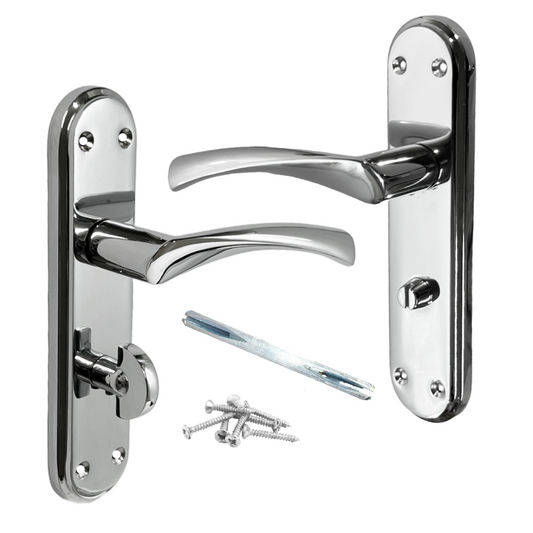 Poignées de porte Genova en chrome poli avec levier tournant et serrure de salle de bain sur plaque arrière moderne Marina