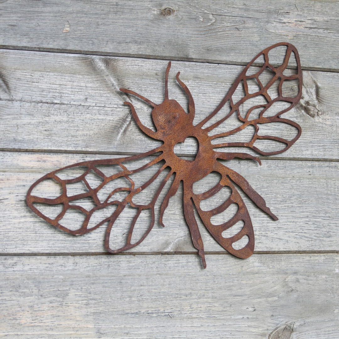Grande décoration murale en métal rouillé représentant une silhouette d'abeille - Décoration murale pour le jardin
