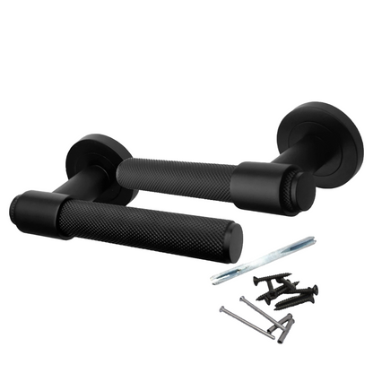 Poignées de porte moletées noir mat, boucle et col, levier sur rosace ronde, poignée de loquet de luxe