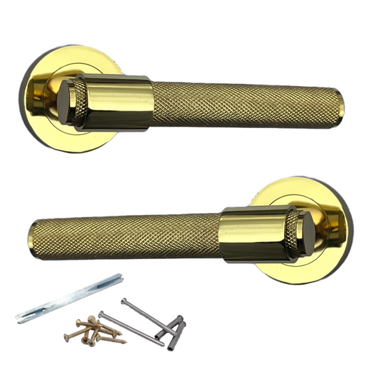 Poignées de porte moletées en laiton poli, boucle et col, levier sur rosace ronde, poignée de loquet de luxe