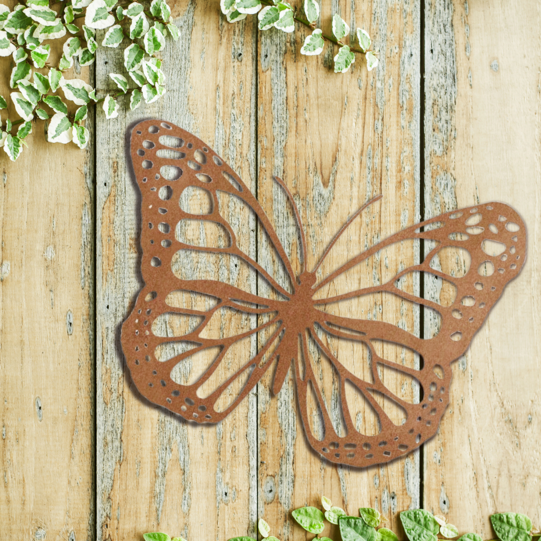 Grande silhouette de papillon rustique en métal - Décoration murale de jardin intérieure et extérieure