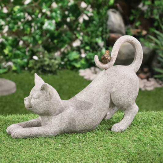 Sculpture de chat en résine avec oiseau – Effet pierre – Adorable chaton animal pour décoration de jardin intérieur/extérieur
