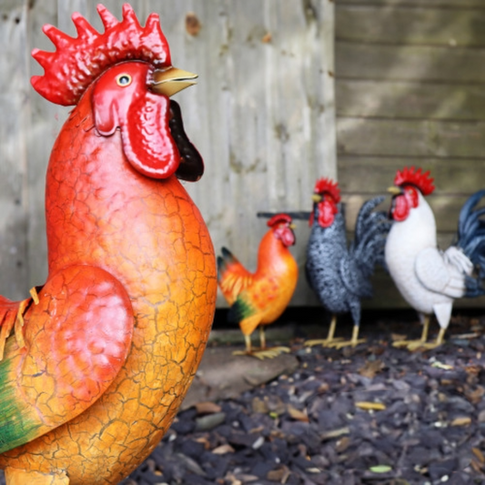 Sculpture de jardin en métal représentant un coq rouge, noir et blanc - Décoration d'extérieur réaliste pour cour de ferme