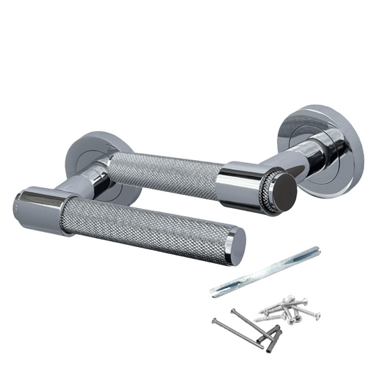 Poignées de porte moletées en chrome poli, boucle et col, levier sur rosace ronde, poignée de loquet de luxe