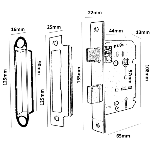 Serrure à mortaise à 3 leviers en laiton, clé 2,5" 64 mm, verrou traversant, poignée de salle de bain réversible