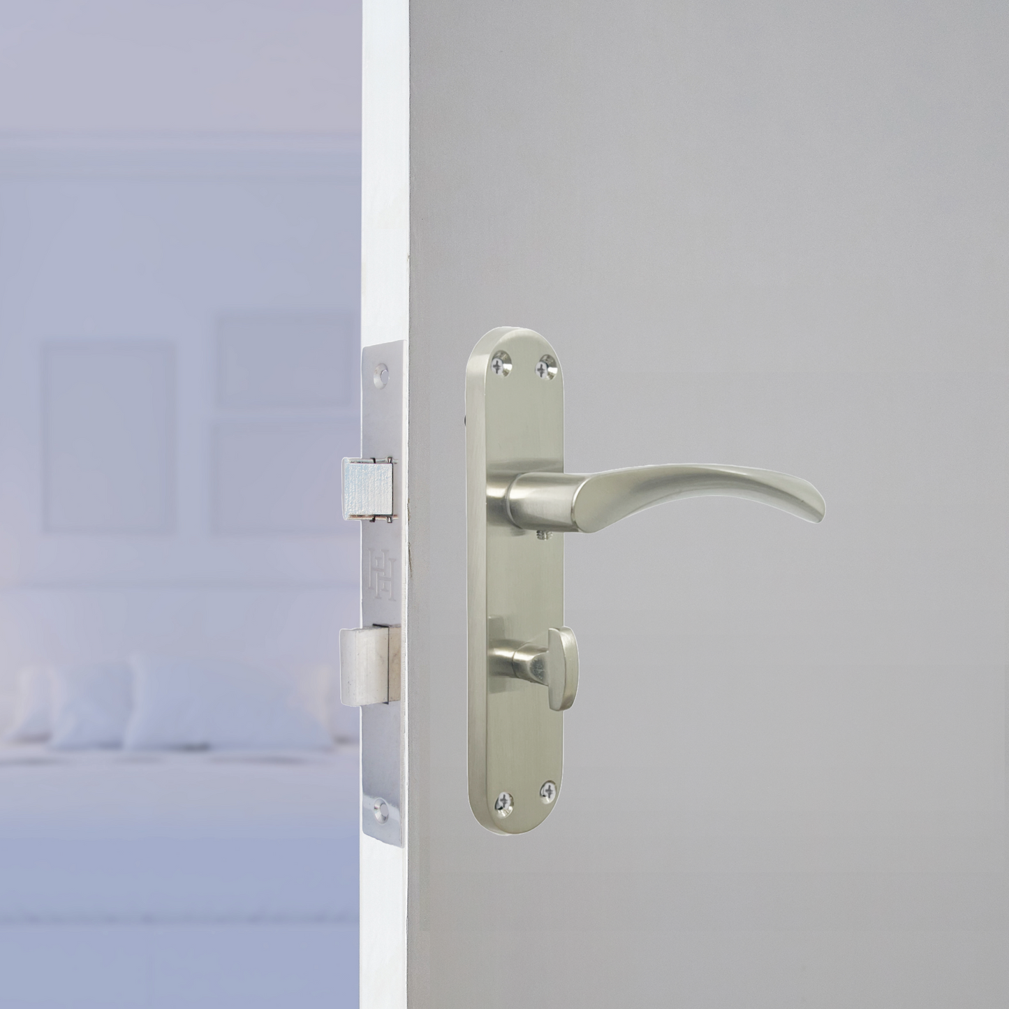 Poignées de porte de salle de bain Monja Astrid à levier arqué et serrure satinée