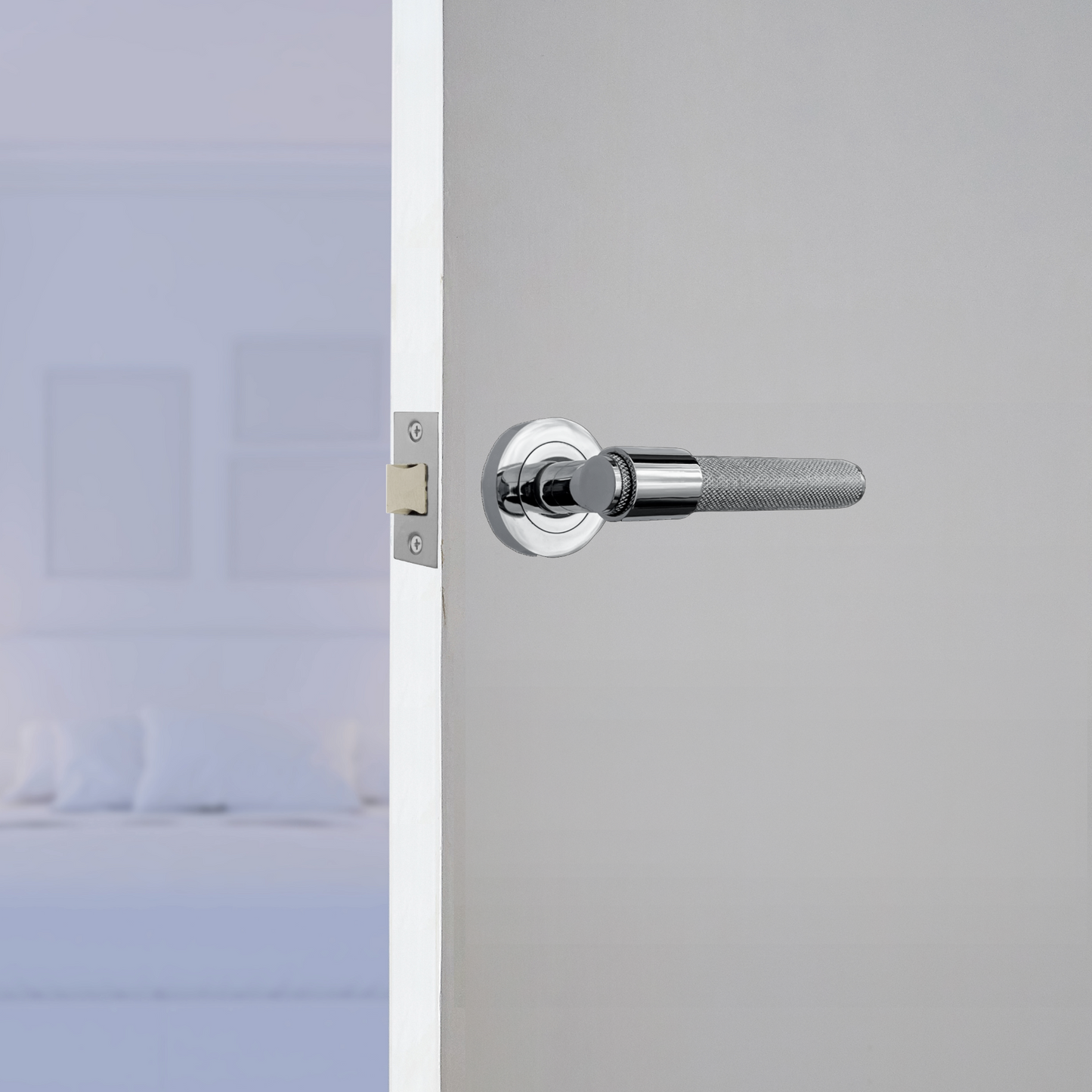Poignées de porte moletées en chrome poli, boucle et col, levier sur rosace ronde, poignée de loquet de luxe