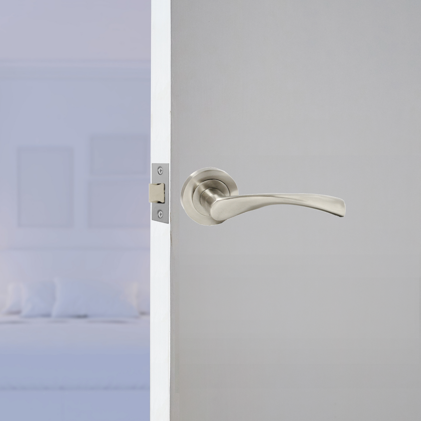 Poignée de porte Astrid à levier tournant sur rosace - Loquet satiné 120 mm
