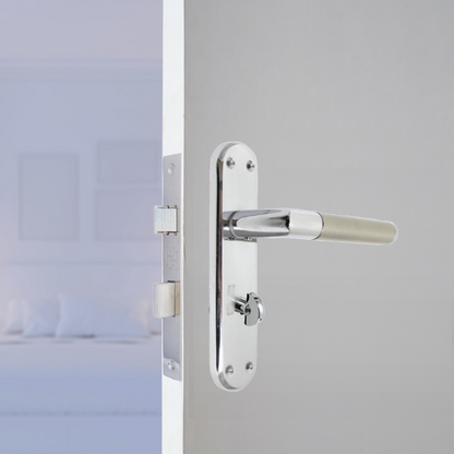 Poignées de porte à onglet, levier droit, serrure de salle de bain, pack duo - Chrome satiné, charnières 180 mm x 40 mm