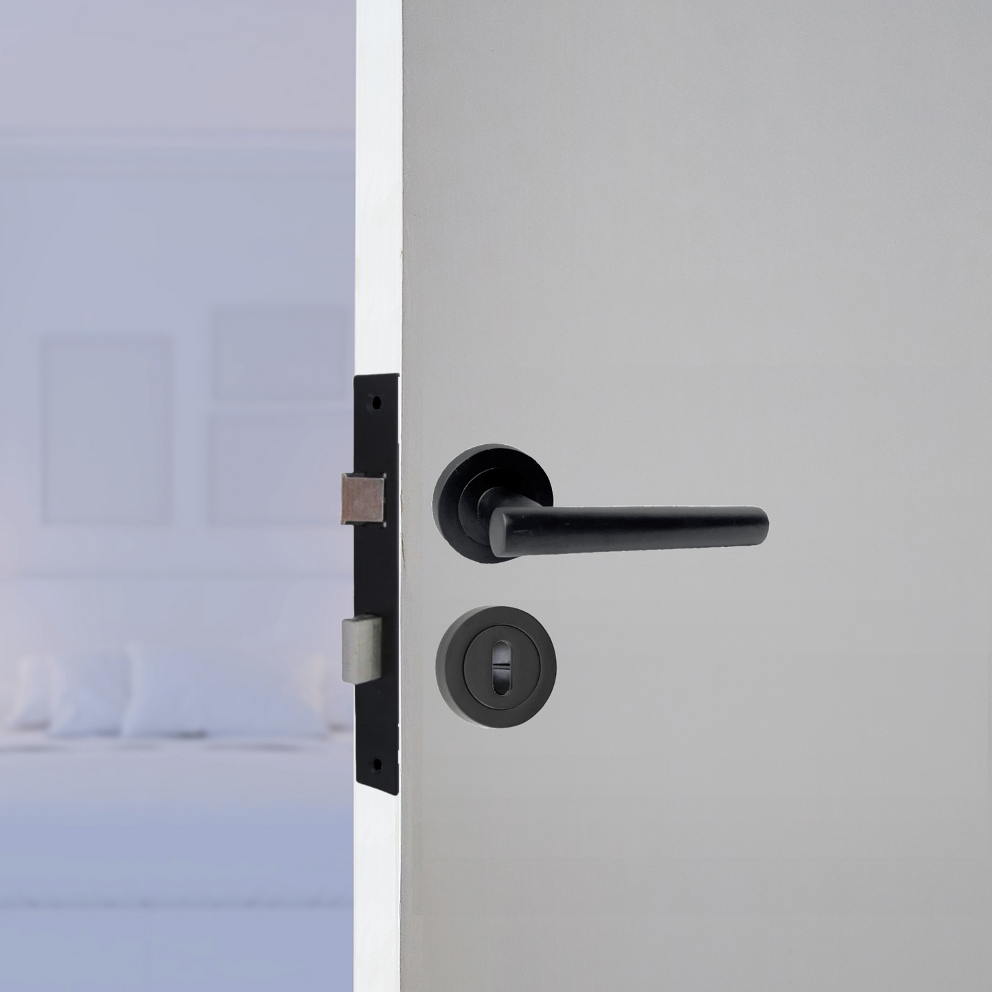 Poignées de porte à levier droit en T avec rosace et serrure - Noir mat